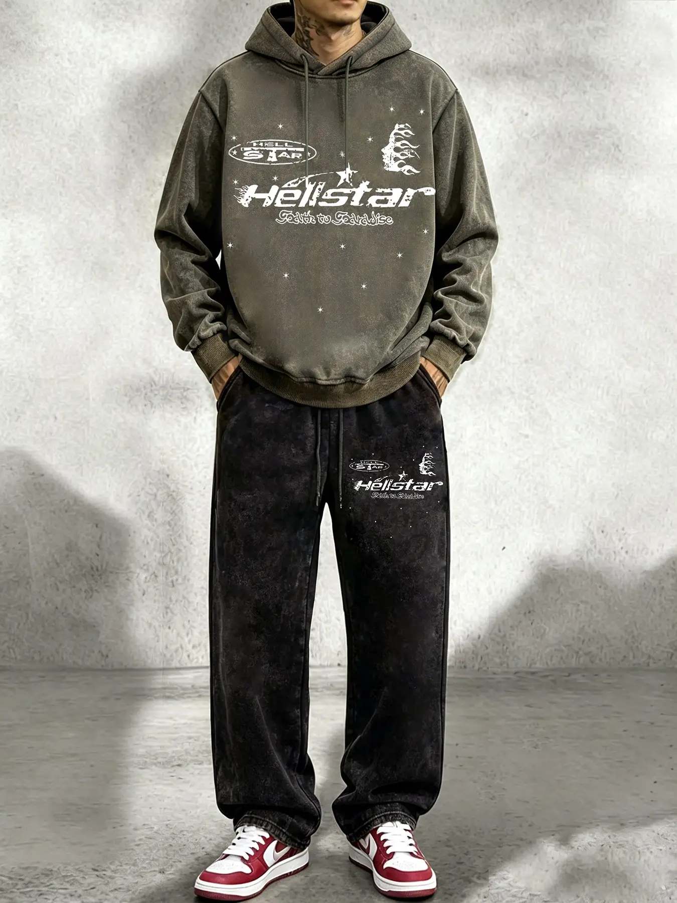 Men's Vintage Hoodie and Pants Set, Flame Letter Star Print, Fall Fashion, Casual Two-Piece, Trendy and Versatile