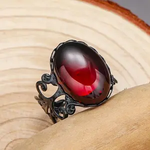 Gothic Red Crystal Open Ring, Black Metal Coated Statement Jewelry for Women and Girls, Casual Witchy Accessory for Halloween, Black Ring
