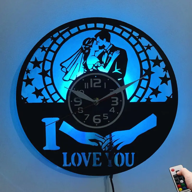 LED Vinyl Wall Clock Bride And Groom Couple I Love You Silhouette Art Wall Watch Wedding Love Themed Home Ornament Backlit LED Wall Decoration for Living Room Bedroom Unique Christmas Anniversary Wedding Gift for Lovers Newlyweds