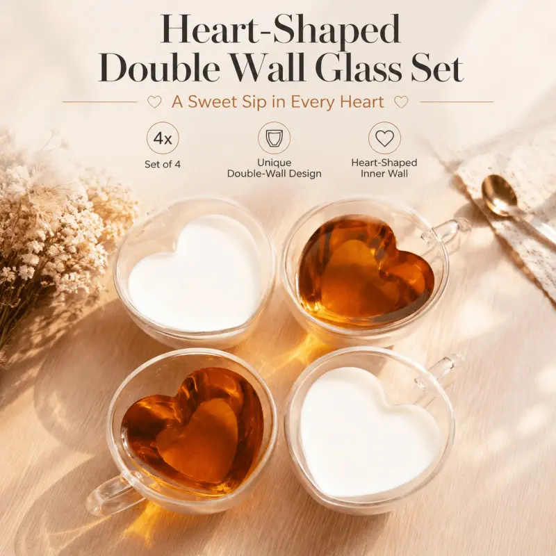 Set of 4 Heart Inner Double Wall Glass Mugs Heat Insulated Anti-Scald Clear Handled Coffee Tea Cups Unique Love Shaped Drinkware For Latte Milk Juice Daily Beverage Serving