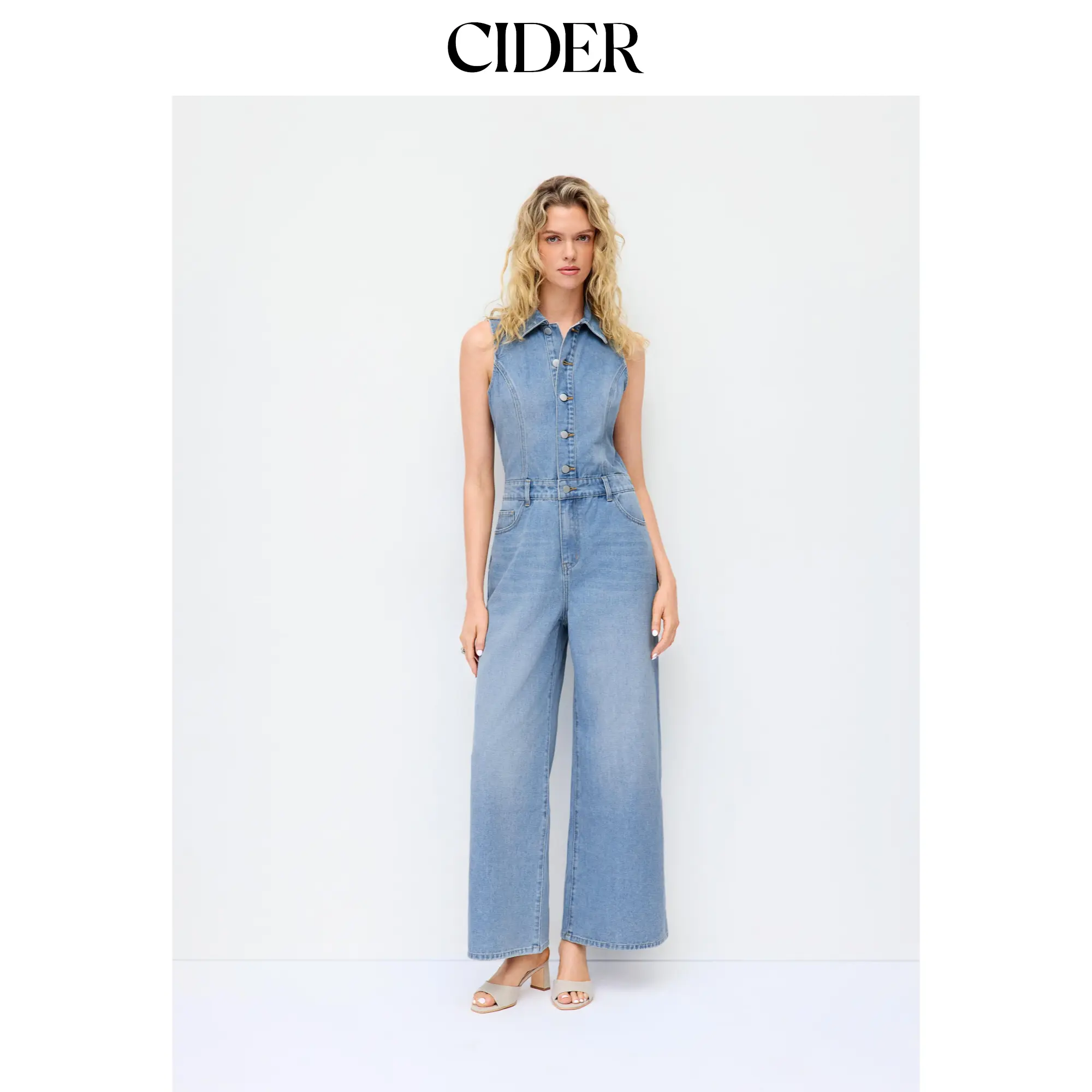 Cider Denim High Rise Washed Metal Detail Wide Leg Jumpsuit