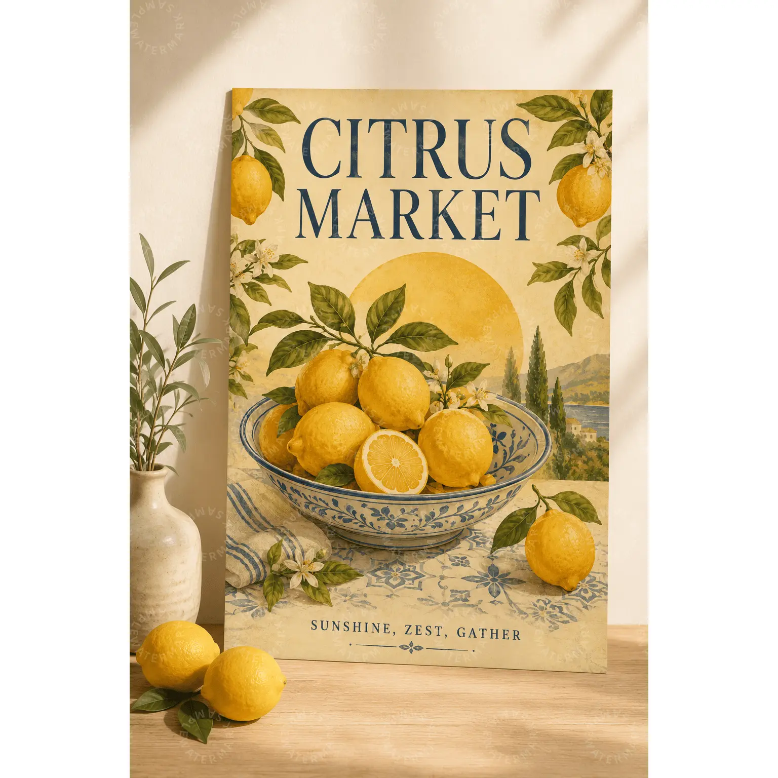 Citrus Market Lemon Wall Art Canvas, Rustic Mediterranean Kitchen Decor Poster, Farmhouse Fruit Wall Decor, Botanical Lemon Print, Dining Room Living Room Aesthetic Gift, Kitchen Wall Art