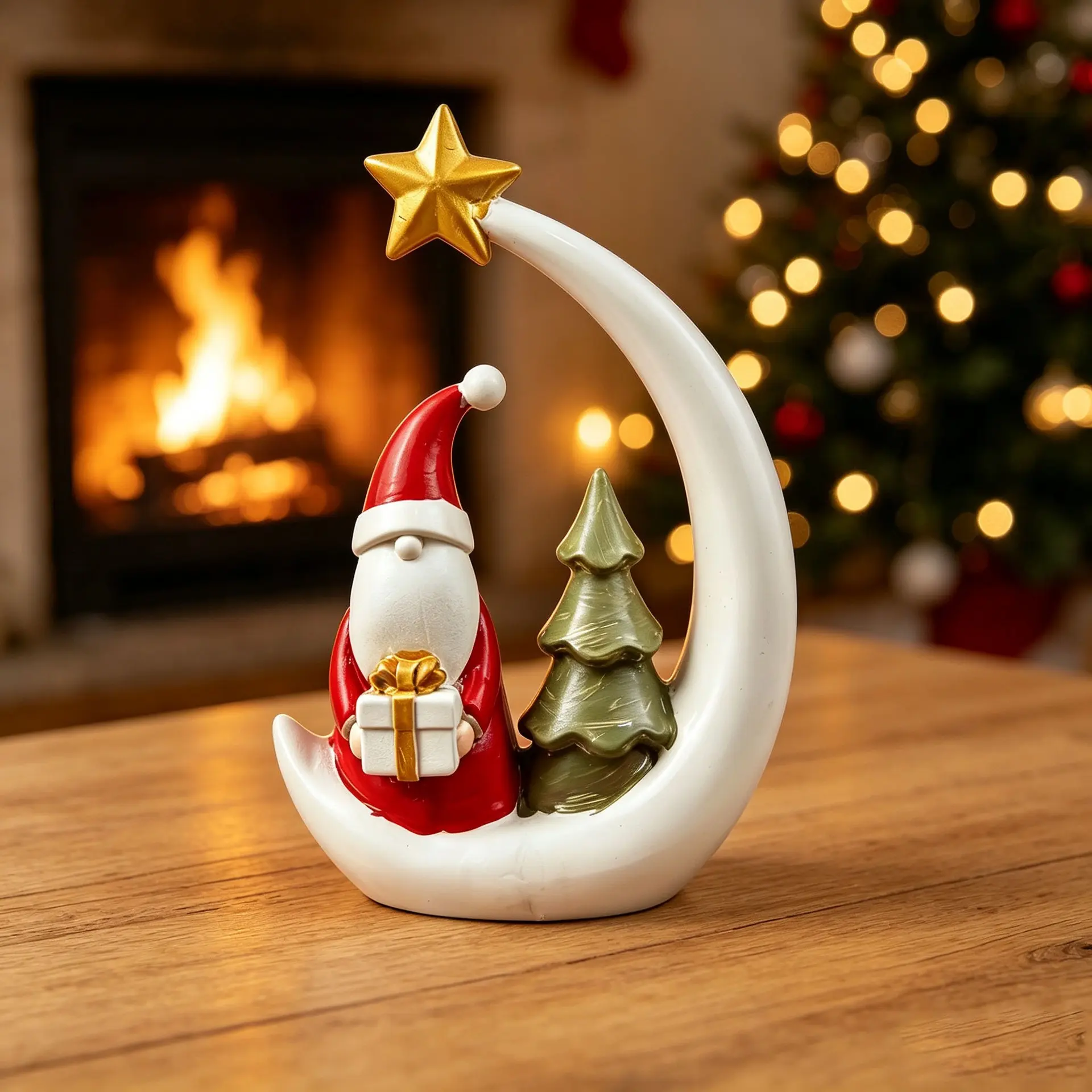 Decorative Christmas Santa Moon Statue Resin Craft, Warm Holiday Tabletop Ornament, Family Christmas Ornaments, Perfect Christmas Gift for Family, Home Shelf Fireplace Decor