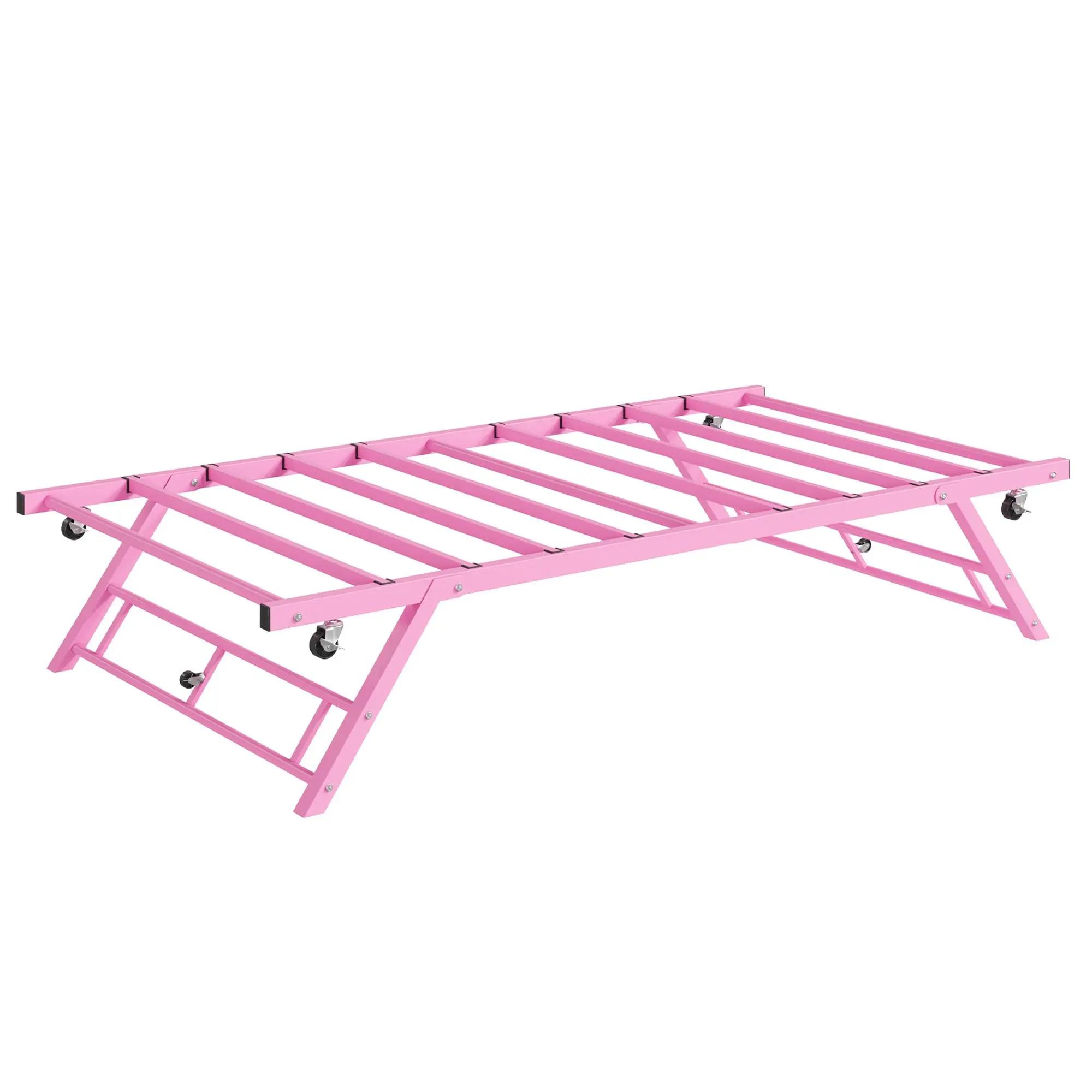 Pink Twin Pop Up Foldable Metal Platform Trundle Bed Frame with Lockable Casters, (Trundle Only)