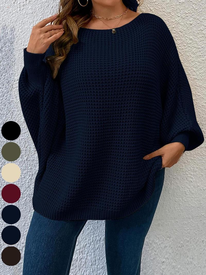 Plus Size Solid Batwing Sleeve Boat Neck Sweater Knitwear, Casual Long Sleeve Jumper for Fall, Plus Size Clothing for Daily Wear, Womenswear