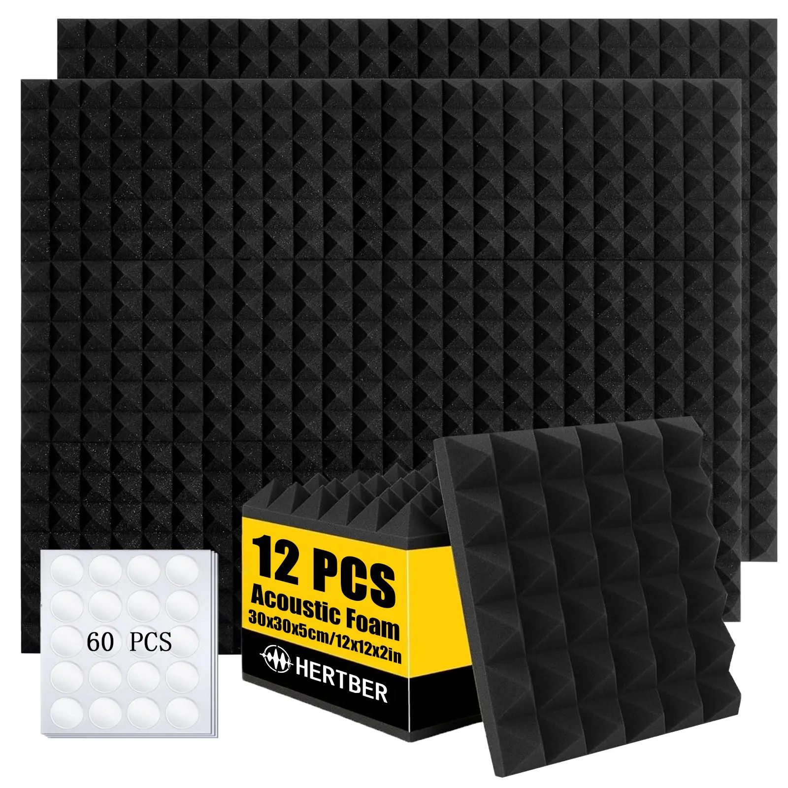HERTBER 12Pcs Black Pyramid Acoustic Foam Panels 12x12x2 Inch with Adhesive Tapes Sound Absorbing Wall Decor