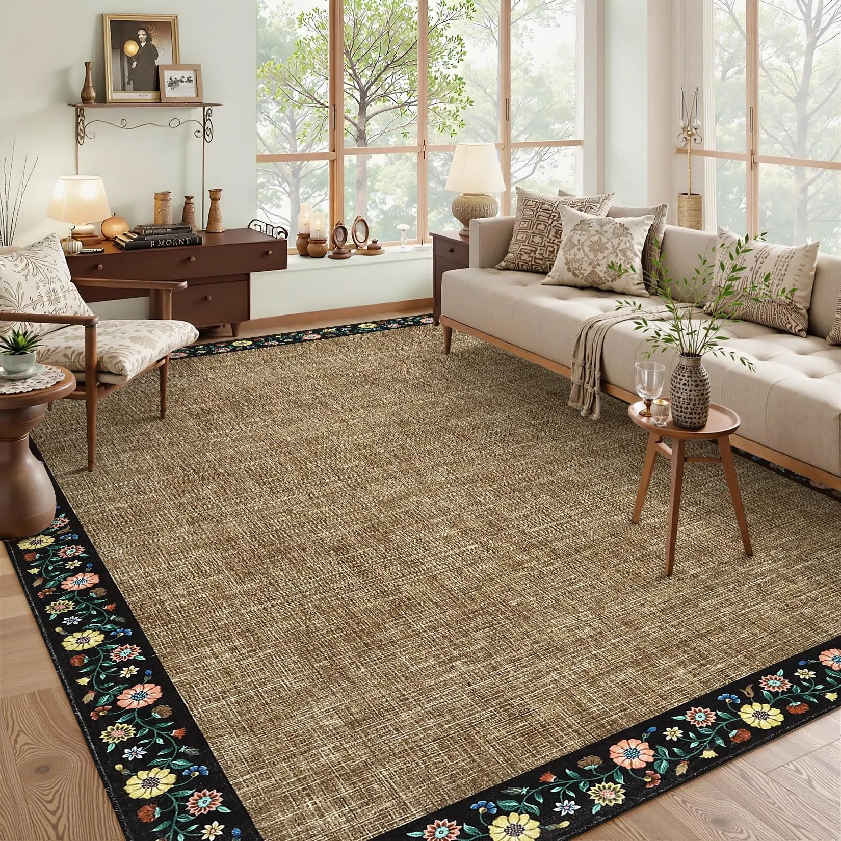 Garvee Washable Rugs for Living ROM 8 x 10 Large Area Rug Farmhouse Floral Bordered Bedroom Carpet Indoor Non-Slip Nursery Mat Soft Non Shedding Stain Resistant Carpet for Dining Room, Brown