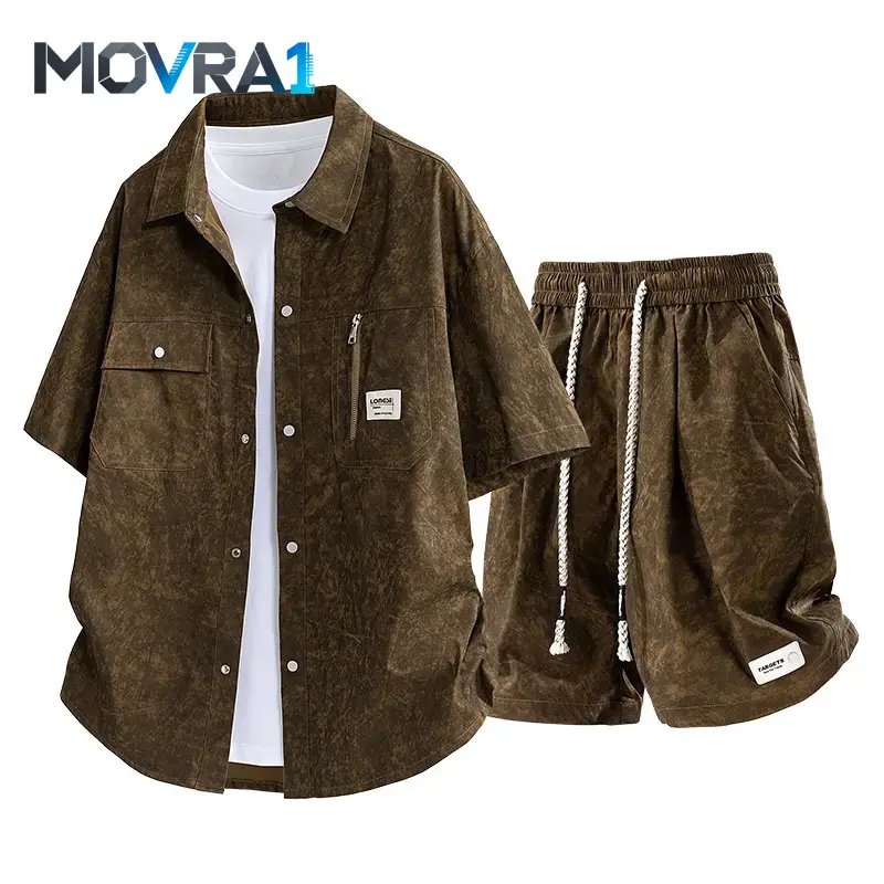 MOVRA1 Men's Two Piece Outfit Set, Vintage Printed Short Sleeve Button Shirt With Multi Pockets And Matching Drawstring Waist Shorts, Soft Lightweight Casual Co-Ord Set Daily Travel Outfits# SummerWins