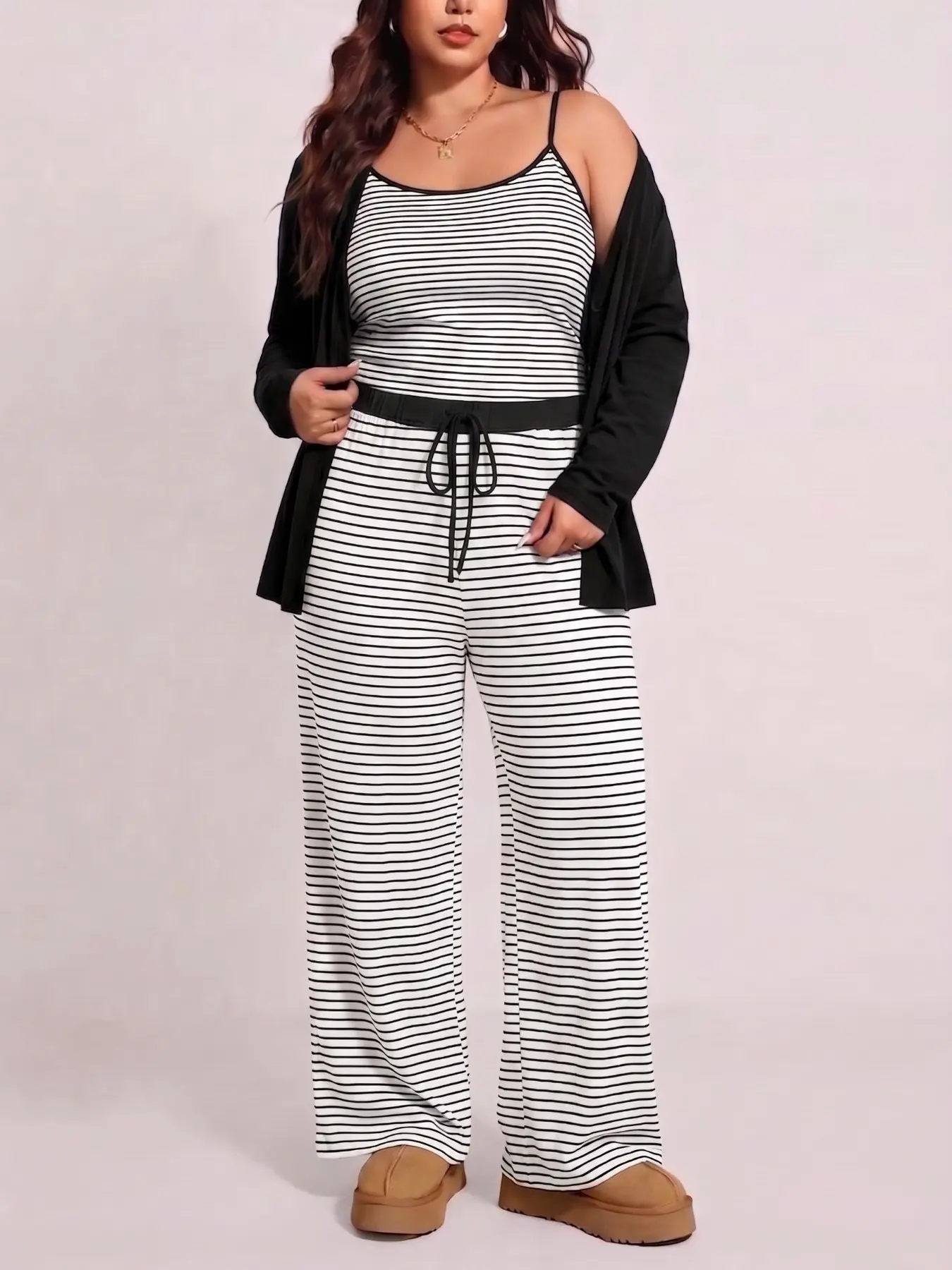 Plus Size Women Curvy 3-Piece Outfit: Striped Curve Solid Knit Cardigan, Cami Top & High Waist Wide Leg Pants, Casual Fitted Comfort Set for Spring & Fall, Ideal for Daily Wear, Dates, Commutes, Sports, Parties, Holidays & Vacations