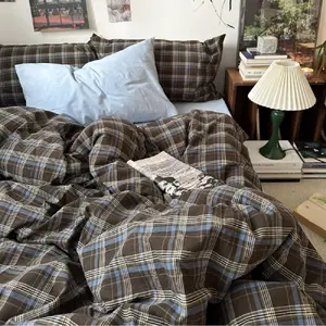 Queen Size Gingham Duvet Cover Set Brown Blue Bedding for Girls Boys, Vintage Buffalo Plaid Comforter Cover with Grid Pattern, Zipper Closure and 2 Pillowcases