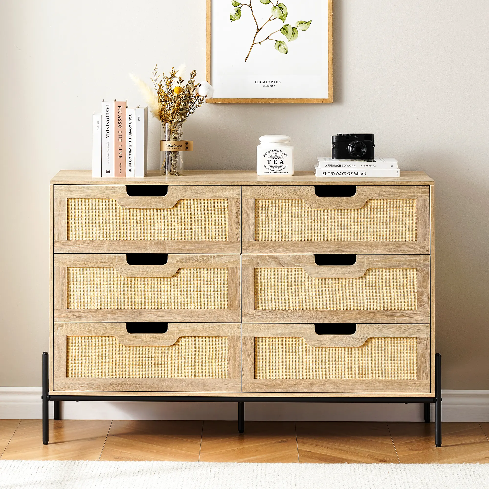 Rattan 6 Drawer Dresser – Sturdy Wood Chest with Metal Handles & Legs – Modern Boho Storage Cabinet for Bedroom, Living Room, Hallway – Silent Slides, Anti-Tipping Design
