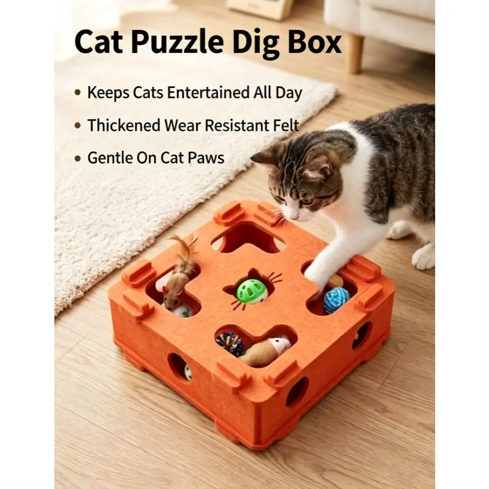 Felt Cat Puzzle Box Interactive Hide Seek Toy With Bell Ball Mental Stimulation Boredom Relief For Indoor Cats Kittens Great Pet Supplies Smart Pet Home Gift