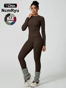 Two-Piece Set Women's Patchwork High Elastic Soft Round Neck Flat Shoulder Long Sleeve Slim Fit Beautiful Hip Tight Pants Yoga Clothes suit Four Seasons Outdoor Running Cycling Hiking Walking Shopping Fashion suit Gym Sweatsuit Set