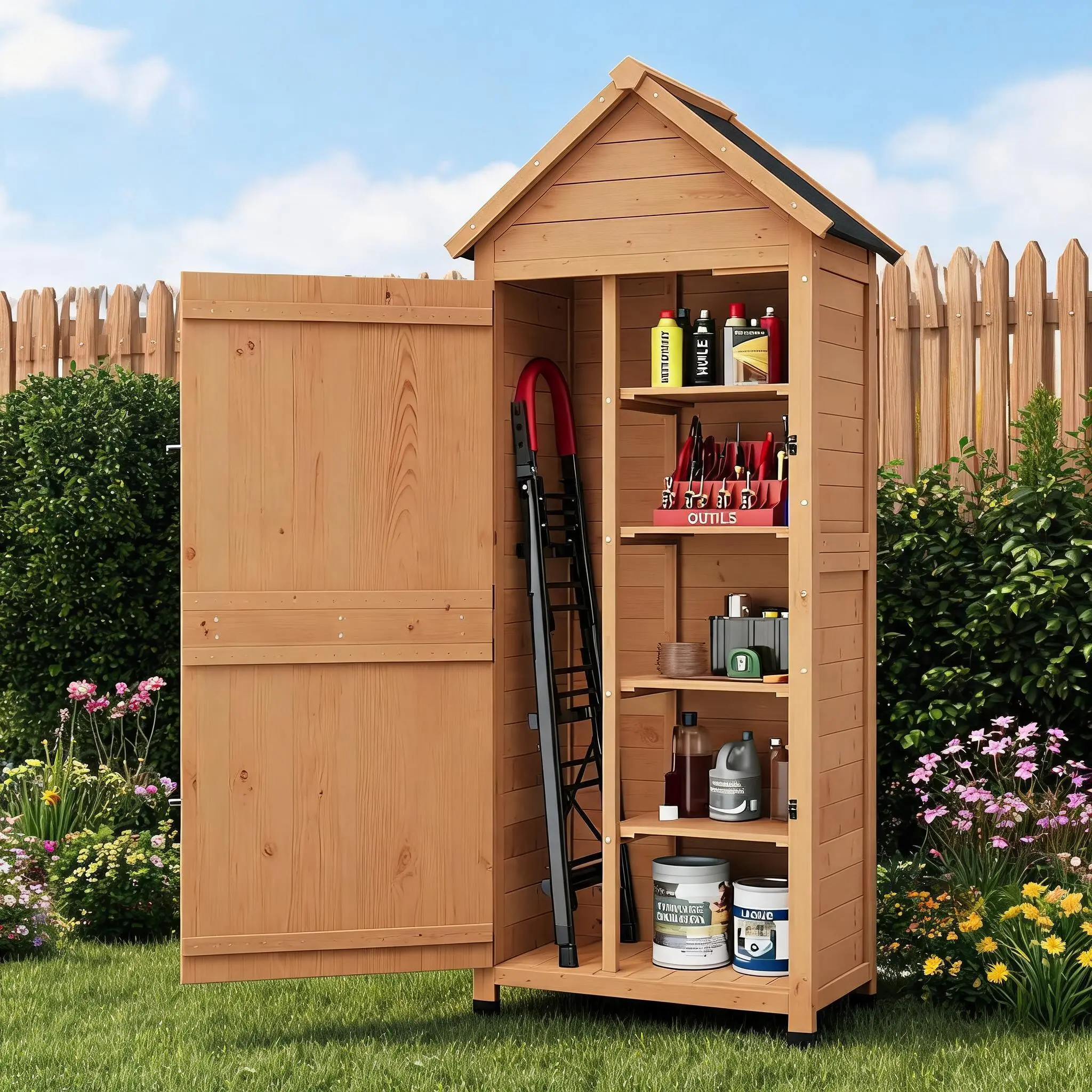 63 in Vertical Wooden Outdoor Storage Shed with 4 Shelves, Waterproof Tilted Roof, Elevated Base, Lockable Door