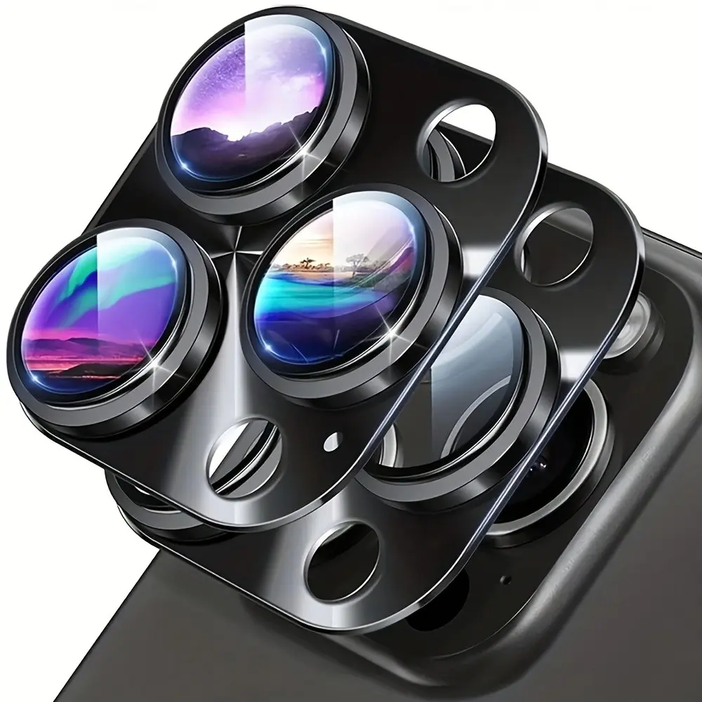 2 Pcs - Black Integrated Armor Metal Glass - Camera Lens Screen Protector - Suitable for iPhone Full Series 16/16 Plus/16 Pro/16 Pro Max/15/15Pro/15 Plus/15 Pro Max/14/13/12/11 - Mobile Phone Accessories