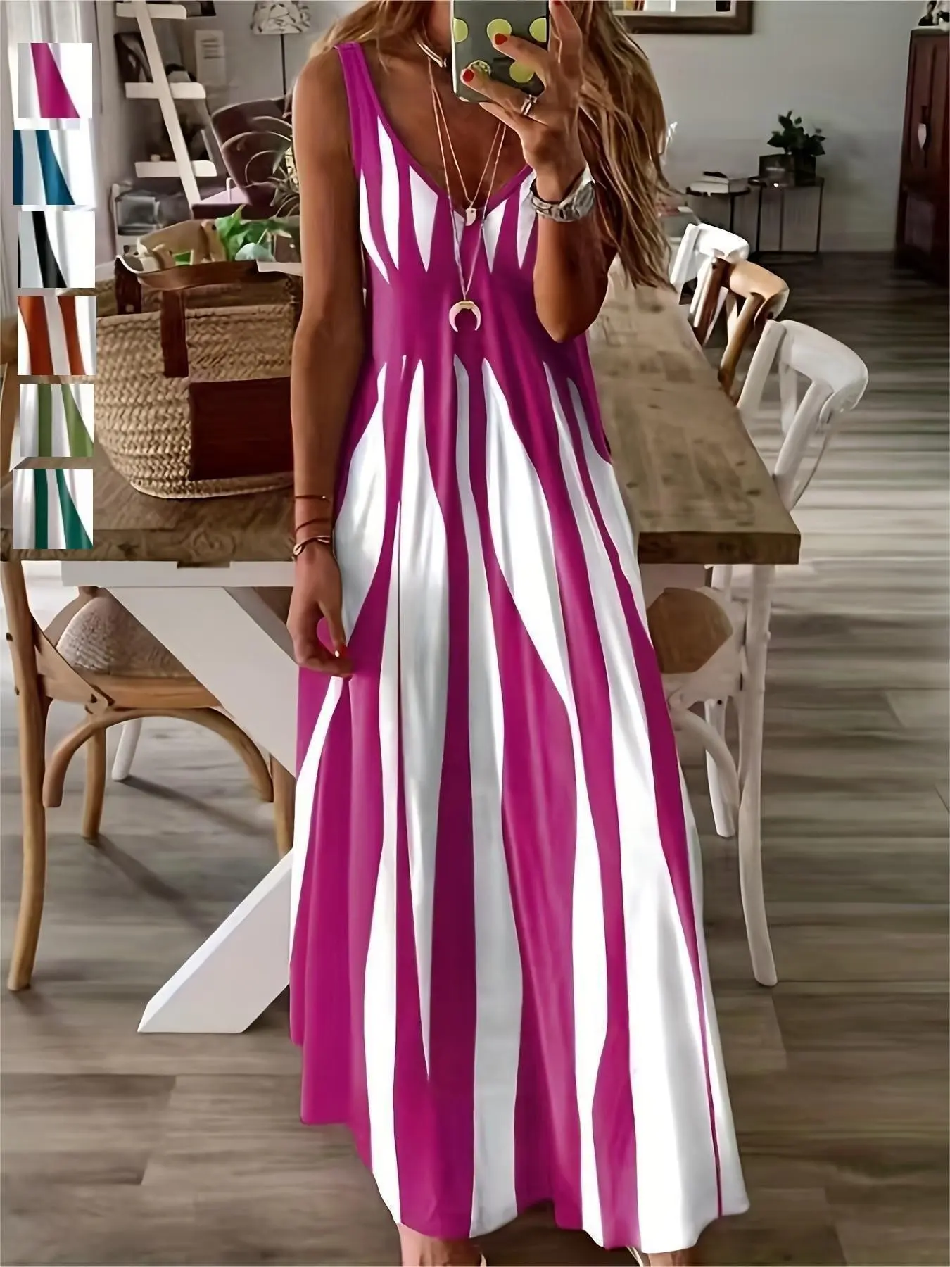 New Summer Women's Casual Sleeveless Long Dress, Trendy V Neck Striped Print Daily Wear Elegance