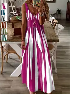 New Summer Women's Casual Sleeveless Long Dress, V Neck Striped Print Halter Top, Daily Wear Outerwear, Trendy Fashion for Ladies