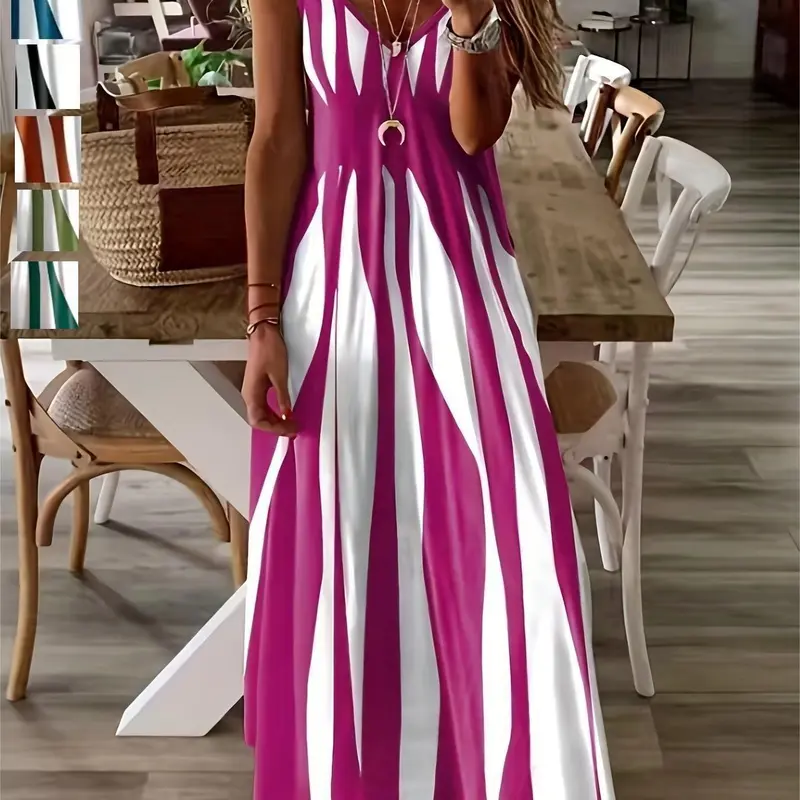New Summer Women's Casual Sleeveless Long Dress, Trendy V Neck Striped Print Daily Wear Elegance, Casual Beach Sundress, Beachy Style Dress
