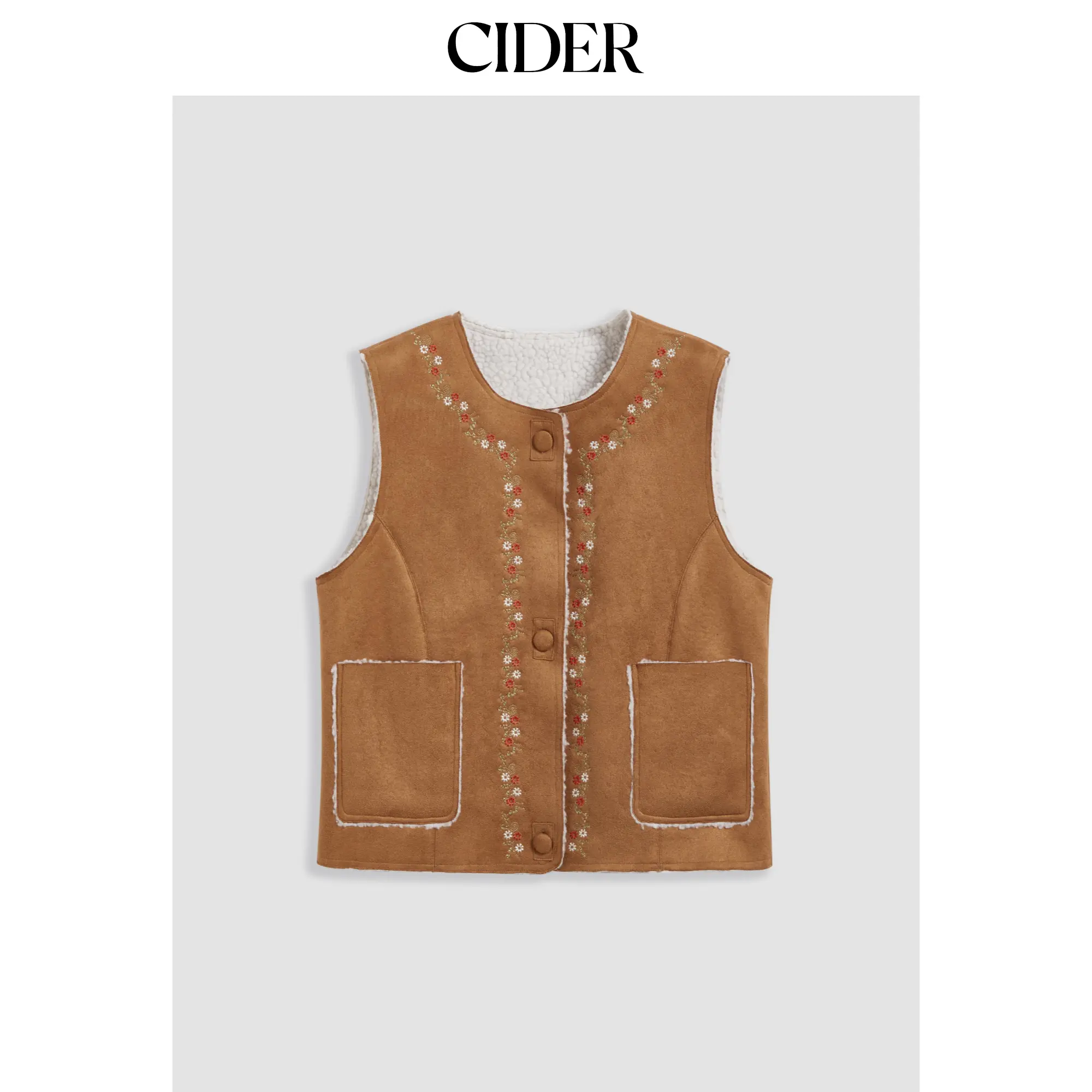 Cider [size 2-10] Suede Scoop Neckline Floral Pocket Jacket Vest