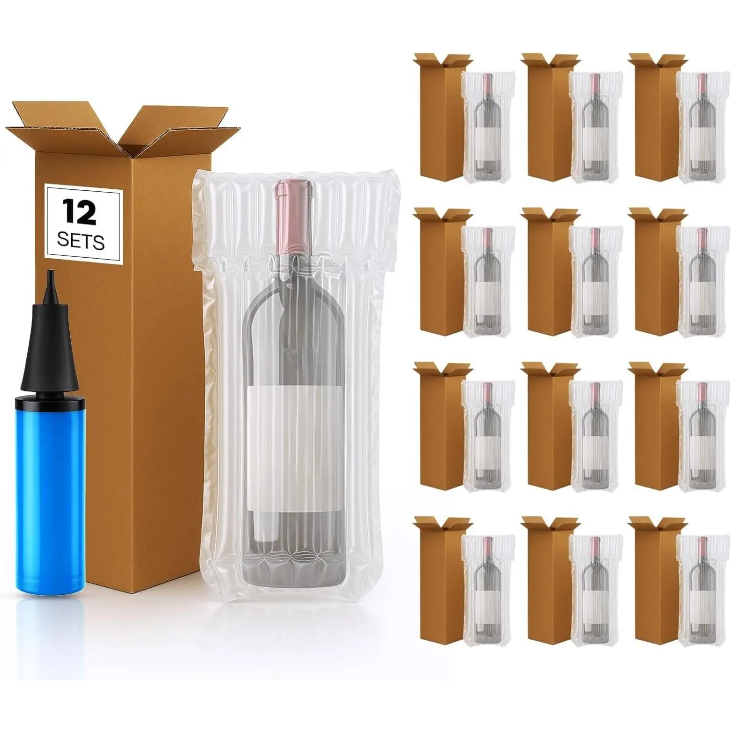 12 Sets Wine Shipping Boxes for Moving, Include Packaging Boxes, Inflatable Protector Bags and 1 Pump, Leak-Proof & Shockproof Design for Safe Airplane Transport