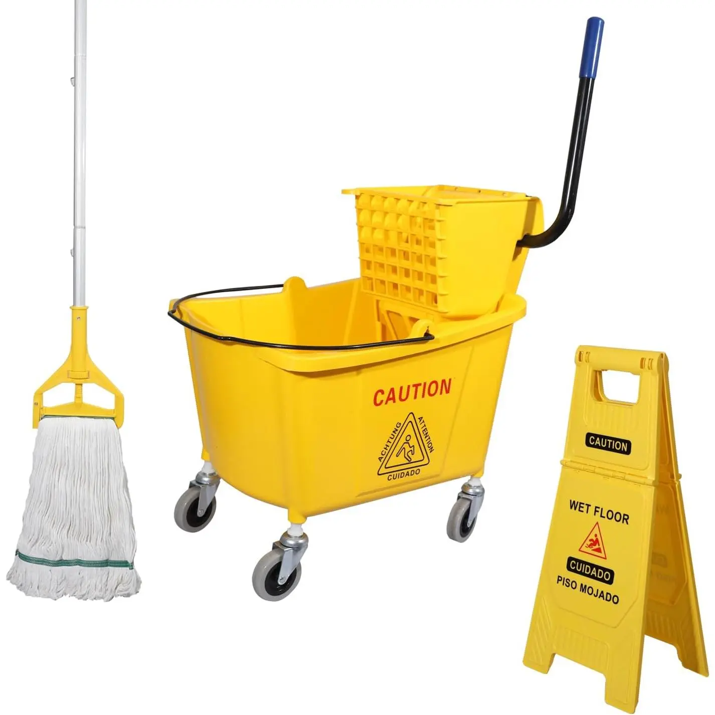 Side Press Wringer Combo Commercial Mop Bucket  Wheels | 35 Quart,Yellow, Including Wet Floor Caution Sign(24Inch) and  Industrail Mop