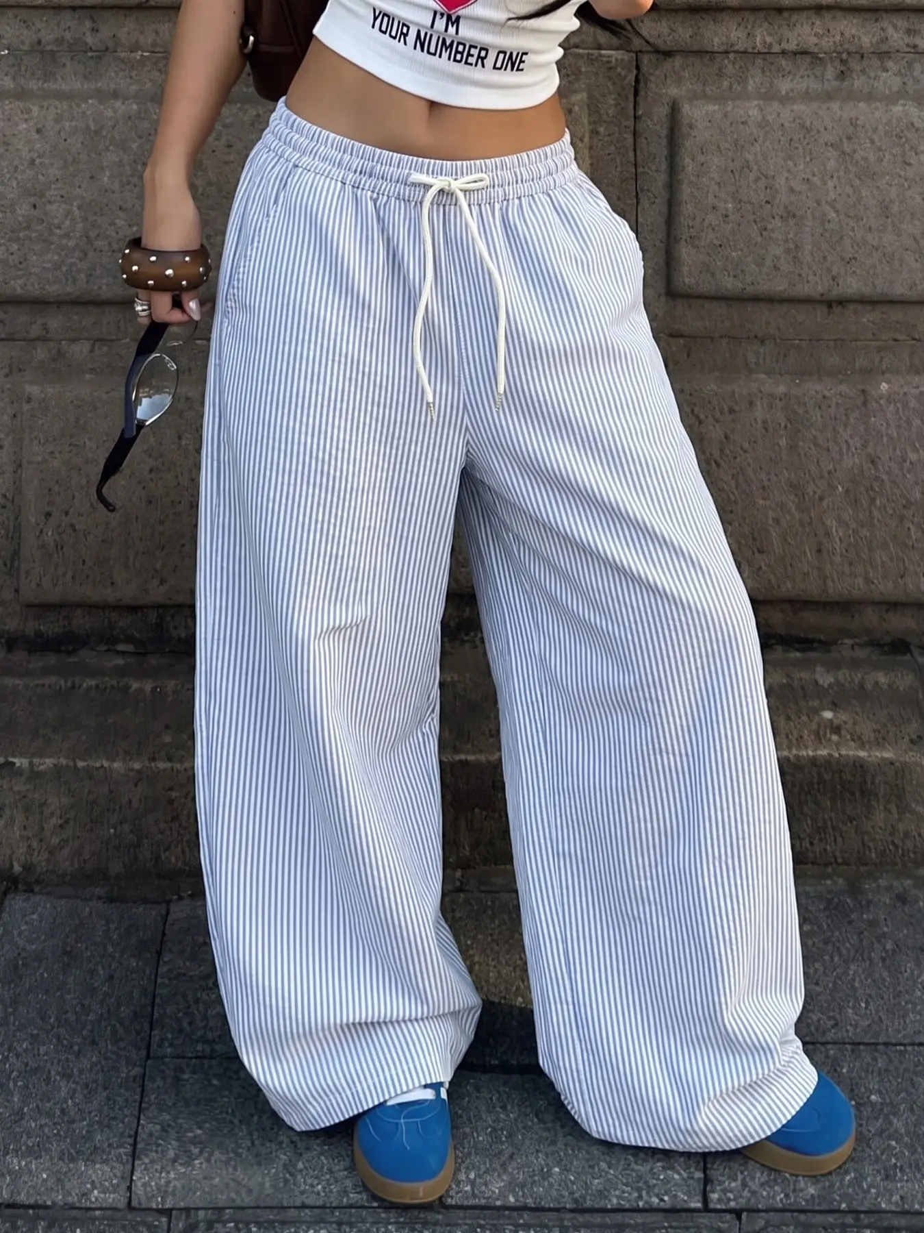 Women Blue White Vertical Stripe Drawstring High Waist Wide Leg Casual Pants, Clean Fit Minimal Summer Textured Flowy Floor Length Trousers, Korean Chill Thin Stripe Elastic Waist Loose Vacation Bottoms #bluestripewidelegpants #koreanchillfit #tiktokmadem