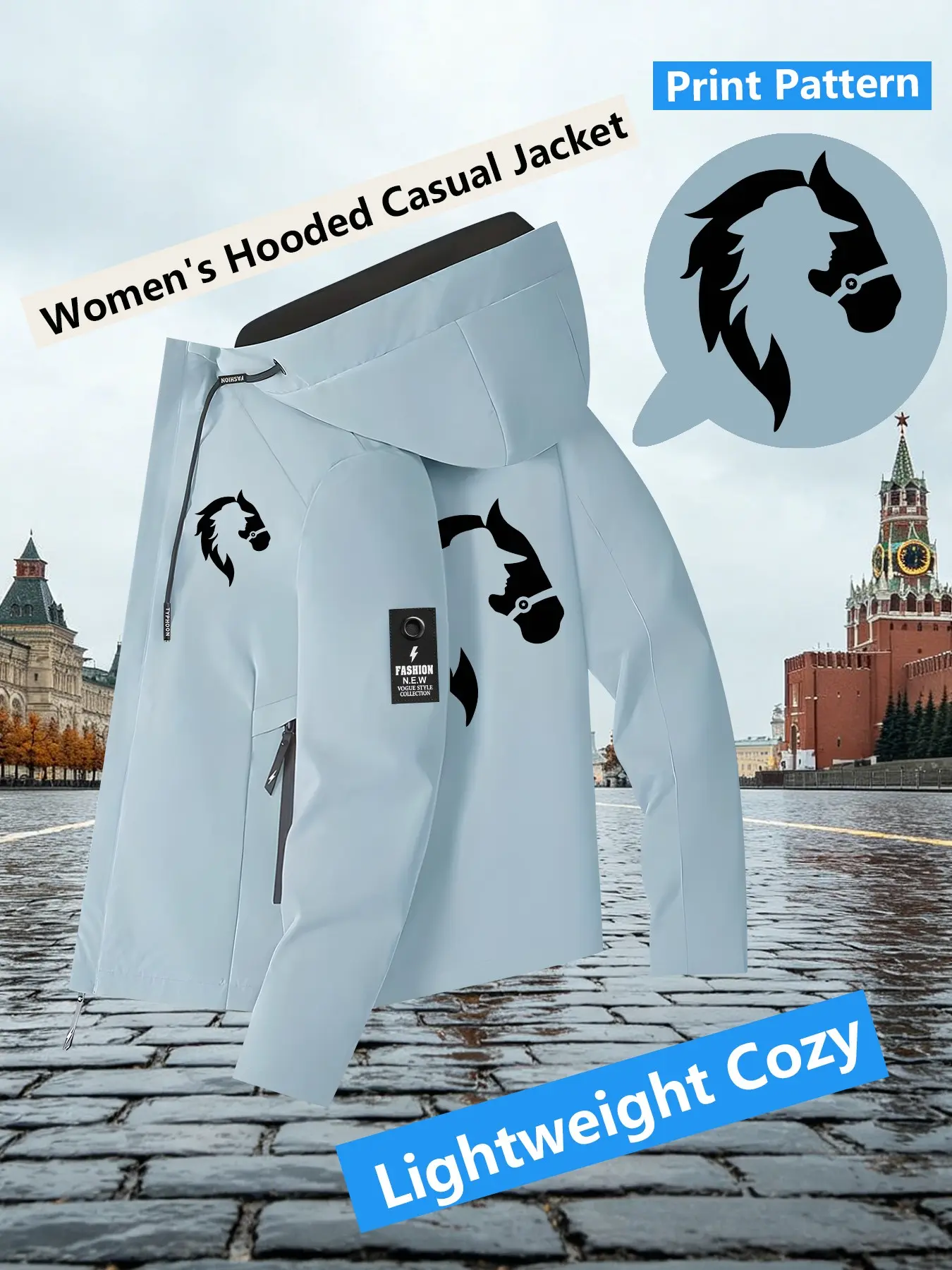 Women's Hooded Windbreaker Jacket Double sided Cowboy Horse Silhouette Print Jacket Two Color Options Hooded Loose All Season Warm Jacket Ideal for Daily Commute Hiking Climbing Wear Skin Friendly Breathable Machine Washable Plussize
