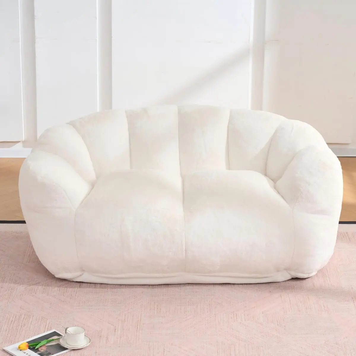 Beige Bean Bag Chair for Adults, Oversized 2 Seat Loveseat Beanbag Sofa Couch, Ultra Soft Fluffy Lazy Floor Sofa Cozy Reading Chair with Filler for Living Room Bedroom
