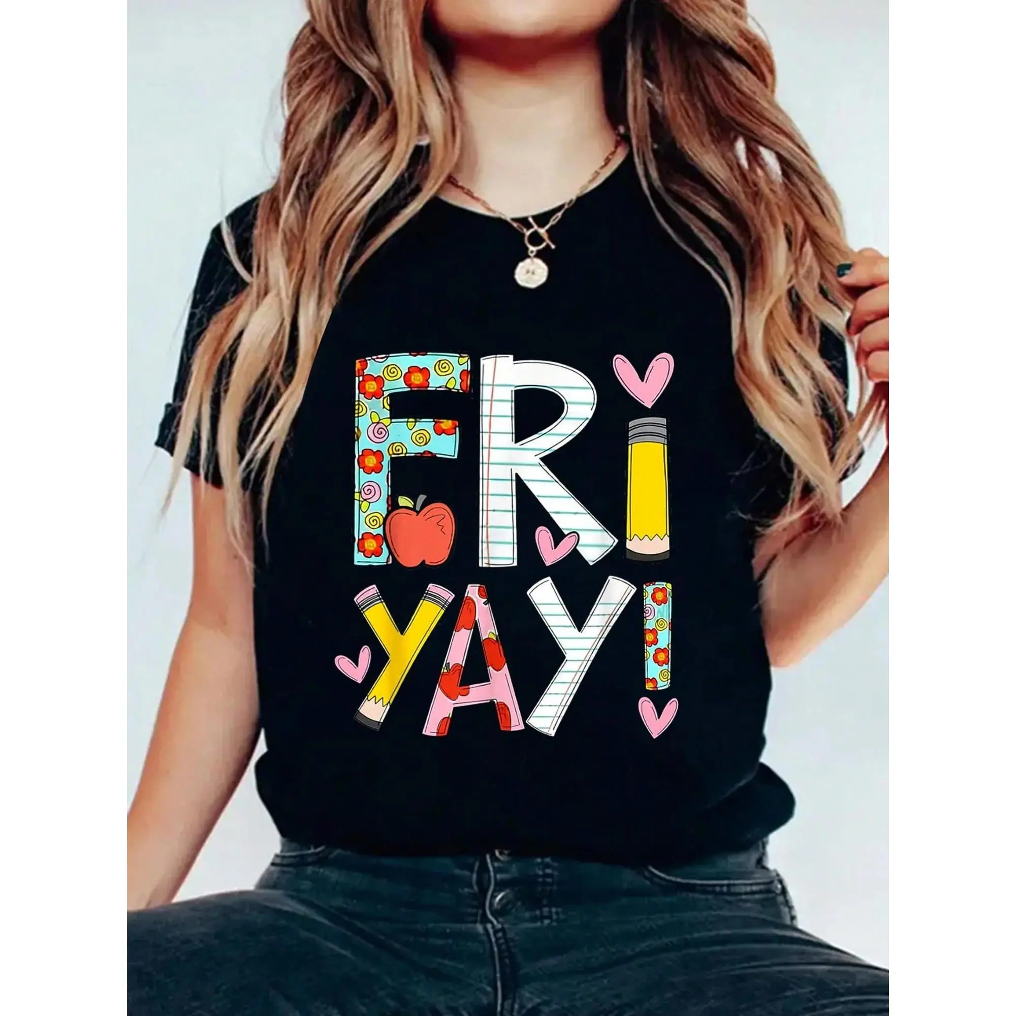 Fri-Yay! Women's Short Sleeve Teacher T-Shirt - Cotton, Smooth, Solid Colorful Letter & Floral Print, Round Neck, Stretch Fabric, Casual Summer Top for Teachers & Event Attire