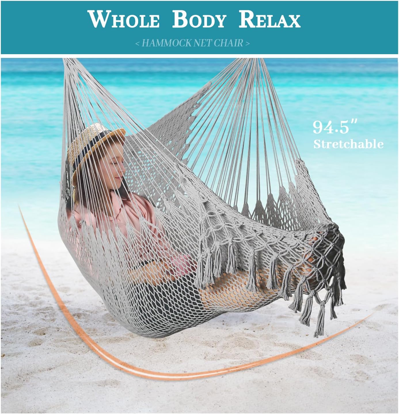 Handwoven Cotton Rope Hammock Chair with Metal Spreader Bar, Boho Hanging Chair Bedroom, Indoor Outdoor Swing Chair with Tassle, MistyMorning Gray