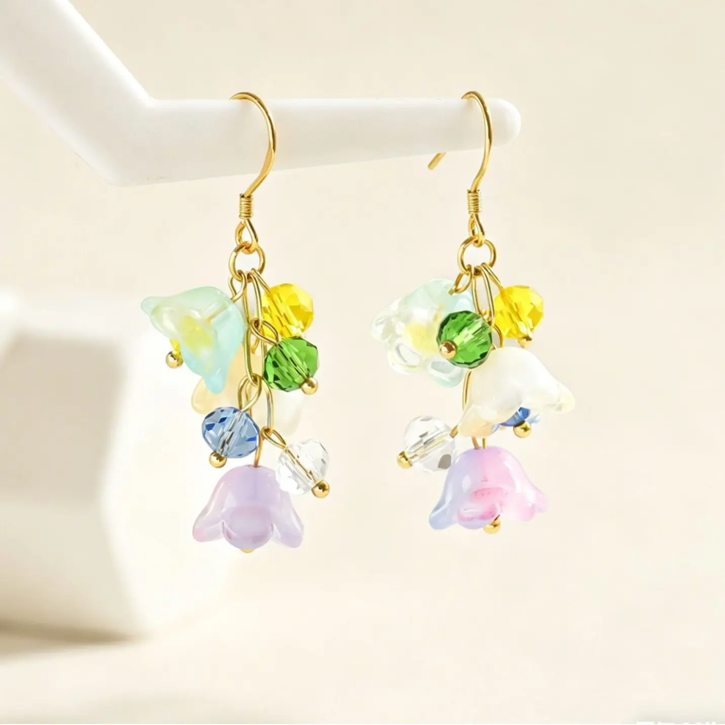 Lily of the Valley Dangle Earrings for Women Girls, Gold Tone Stainless Steel with Multicolor Beaded Flower Clusters and French Hooks for Daily Wear