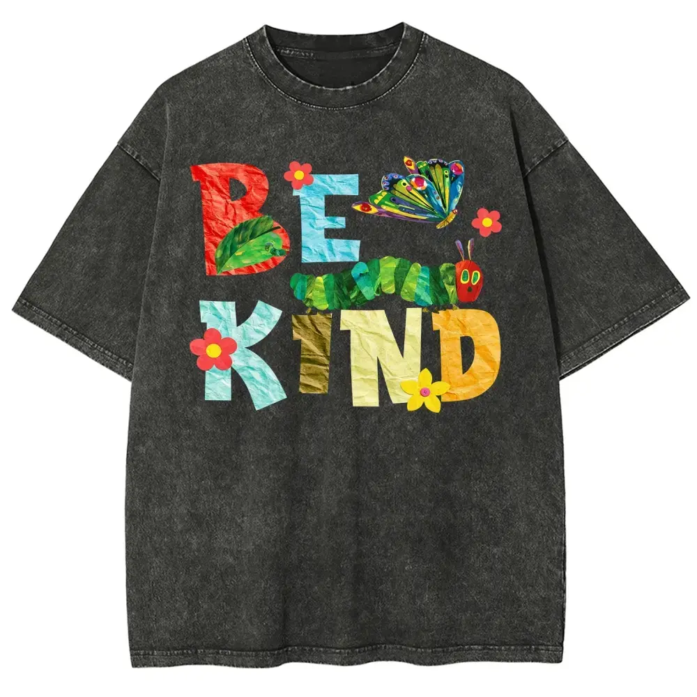 Be Kind Butterfly Floral Collage Graphic Tshirt – Oversized Vintage Washed 100% Cotton Y2K Streetwear Summer Top for Unisex