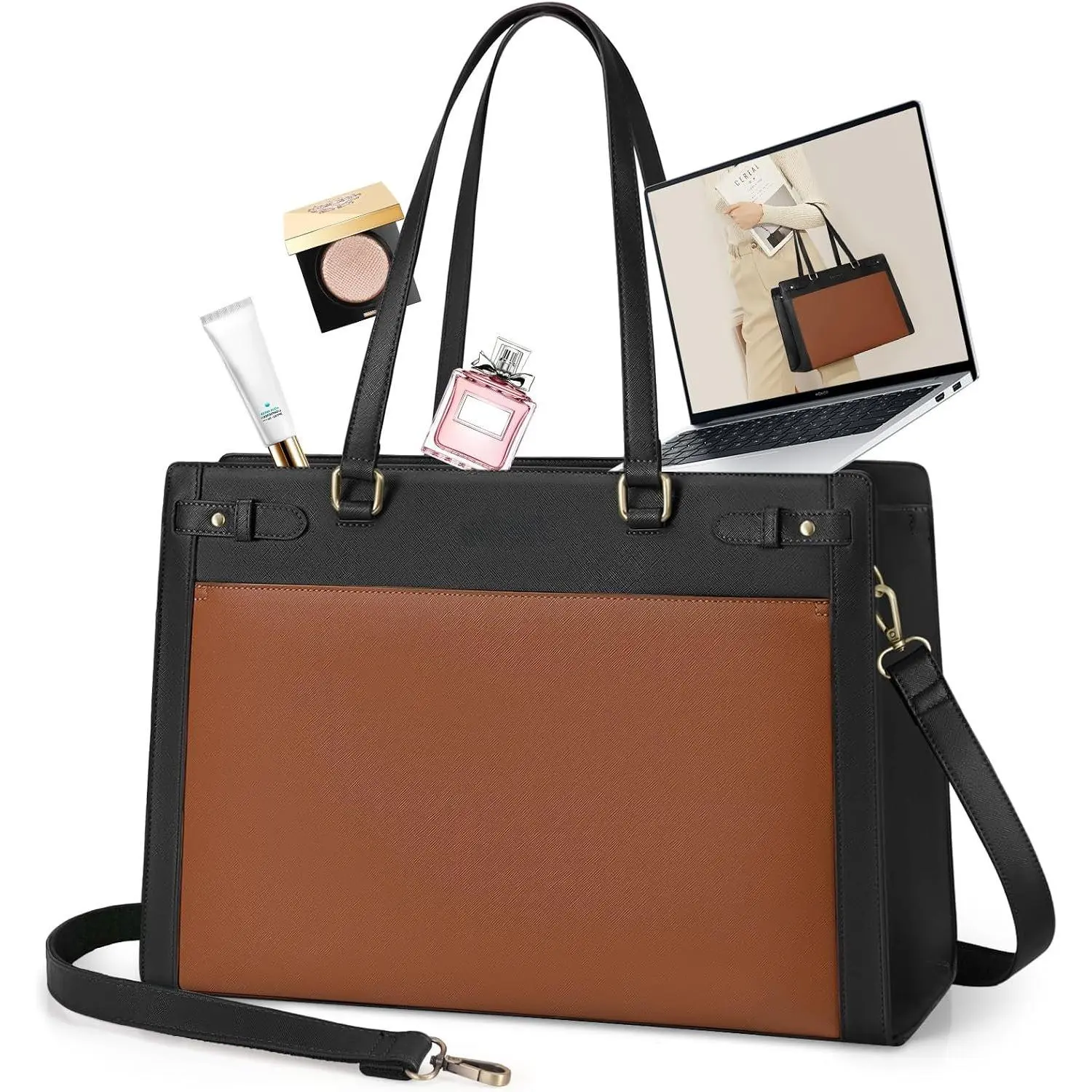 Laptop Bag for Women 15.6 Inch PU Vegan Leather Work Tote Bag  Womens Briefcase Designer  Bags for Office Teacher College Travel Large Tote Purse Professional Black & Brown