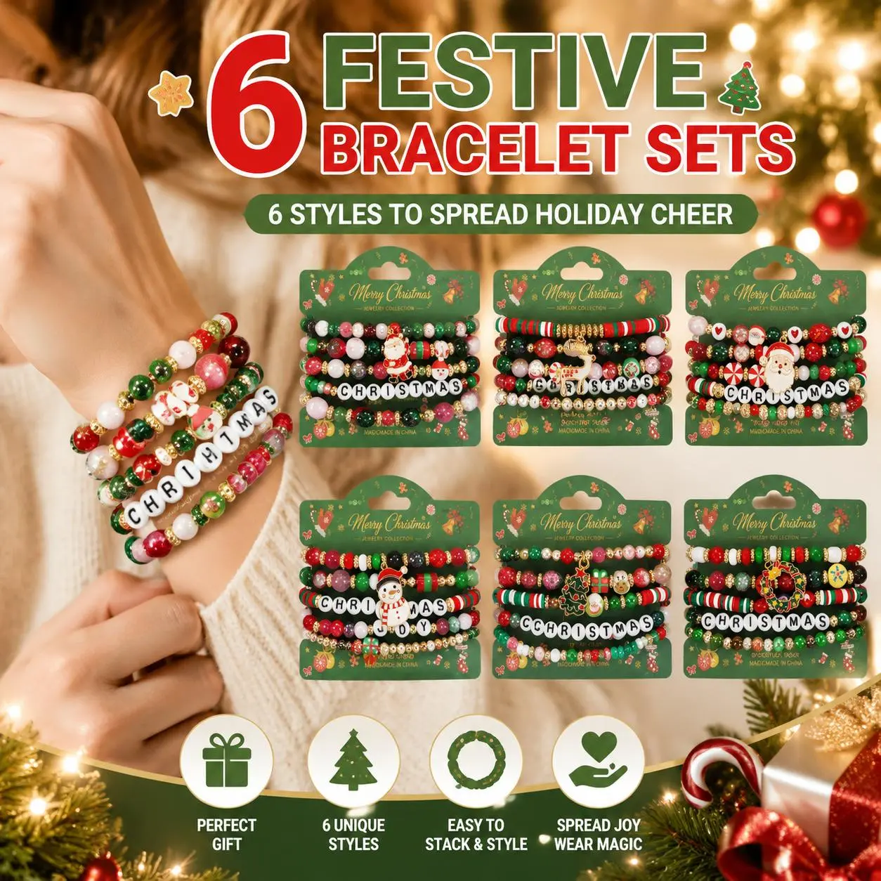 Vibrant Christmas Bracelets Set 5Pcs/30Pcs Multi-layer Handmade Elastic Polymer Clay Beaded Bracelets Cute Santa Claus, Christmas Tree, Snowman Pendant Bracelets Jewelry for Women Men Party Supplies Gift