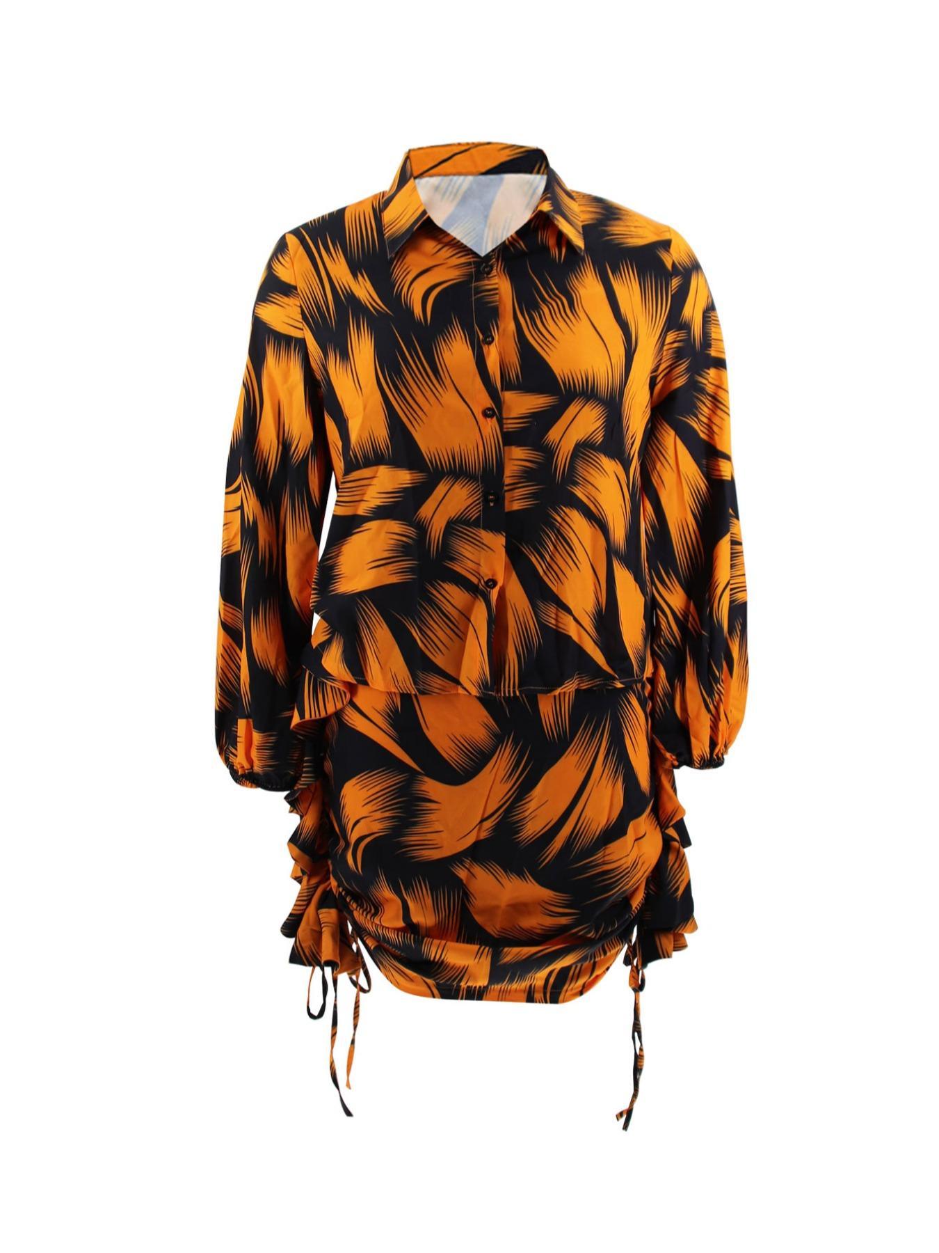 Plus Size Women's Two-Piece Set Short Skirt & Bubble Sleeves Blouse, High-Waisted Fitted Design, Casual All-Season Wear, Button-Front Style