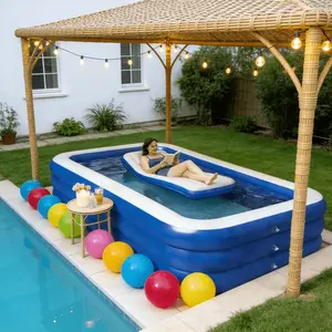 This 3-piece set includes a blue inflatable pool, a pool mat and an air pump. Designed with three tiers, it's spacious and perfect for swimming and outdoor backyard entertaining. Perfect for family gatherings. Inflatable Kiddie Pool