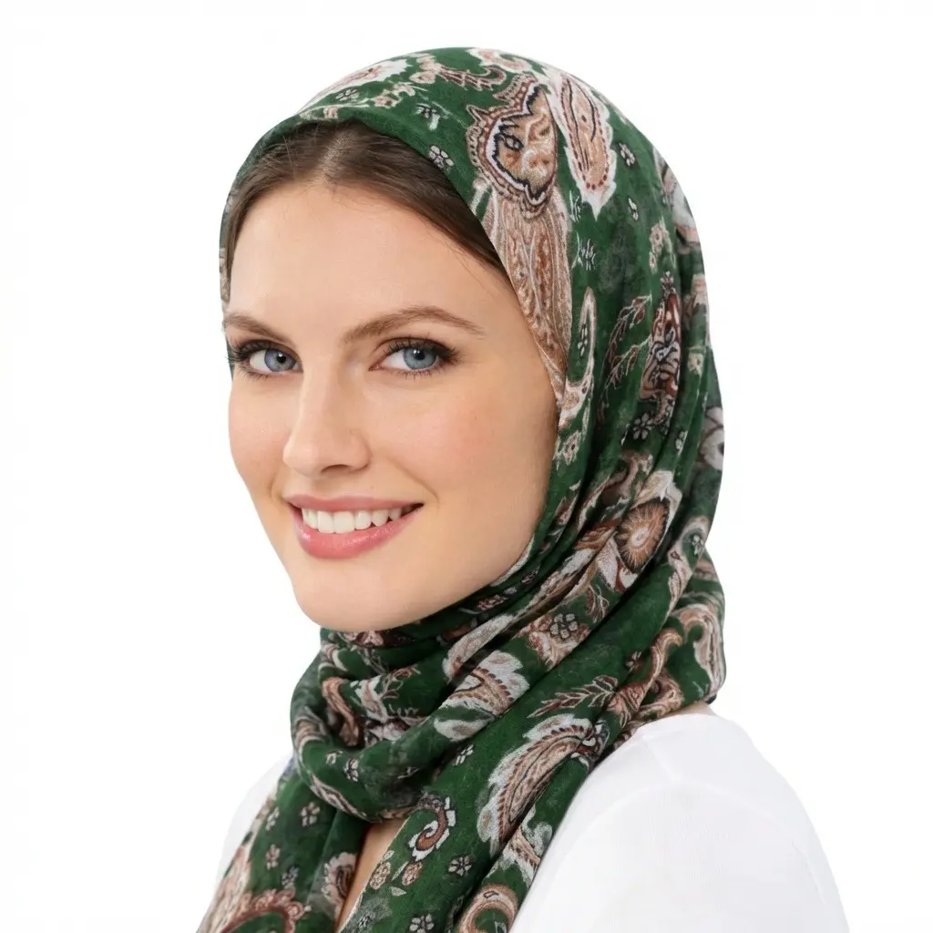 Vintage Green Paisley Printed Hijab Scarf Long Flowy Bohemian Pattern Shawl Lightweight Breathable Headwrap Women Daily Wear Travel Modest Fashion