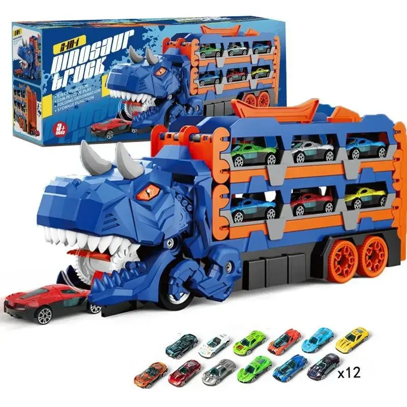 aopuro_us Dinosaur Transportation Diecast Car Truck Playset - 12 Die-Cast Cars, Metal Transformable Dinosaurs, Durable Material, Child-Friendly Imaginative Play Gift for 3-6 Years Old Boys, Supports Development, Metal Diecast Model, Vehicle Playset
