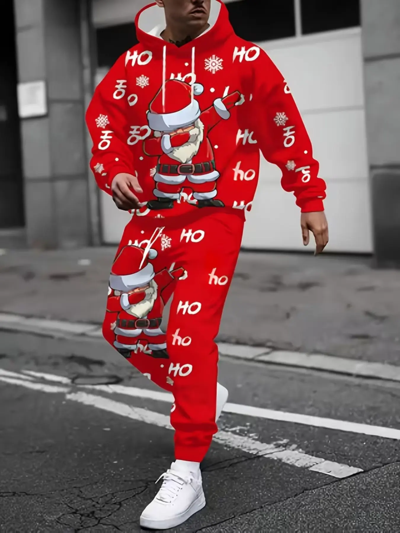 Men's Fun Dancing Santa Claus 3D Print Hoodie Set, Christmas Casual Sweatpants Two-Piece Set, Holiday for Men