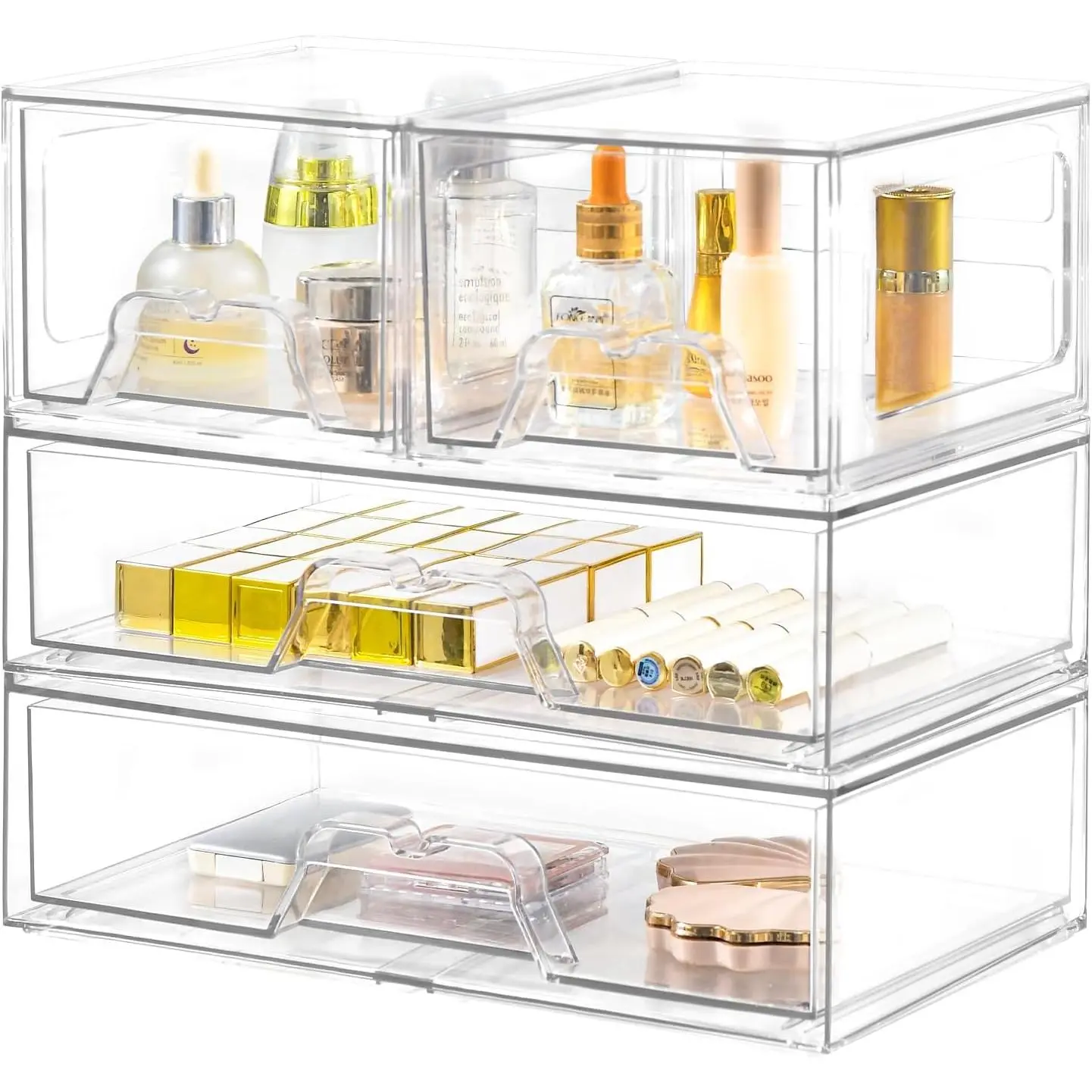 6 Pack Stackable Makeup Organizer, 4.4'' Tall  Bathroom Makeup Organizer and Storage Drawer with Pull-out Handle, Clear Plastic Storage Bins for ,Pantry,Desk,Undersink,Kitchen