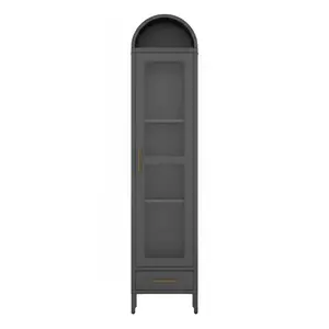 73 In Tall Narrow Arched Bookcase, Modern Black Metal Storage Cabinet with Glass Door & Drawer, Multipurpose Pantry Cabinet for Living Room, Kitchen, Office, Easy Assembly