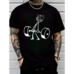 Funny Cartoon Gym Weightlifting T-Shirt - Short Sleeve Round Neck with Barbell Lifting Weights Print Fitness Humor Apparel Casual Summer