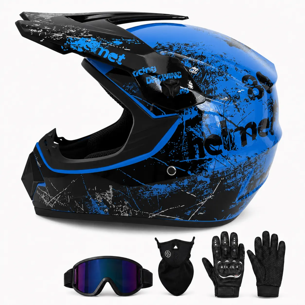 CVXVC Motocross Helmet, UV-Protective Goggles that Help Reduce Daily Fogging, for Adult Men and Women, Karting Snowmobile Dirt Bike ATV Outdoor Riding, 4-Piece Helmet Set with Goggles Gloves and Mask, S-XL 52-59 cm