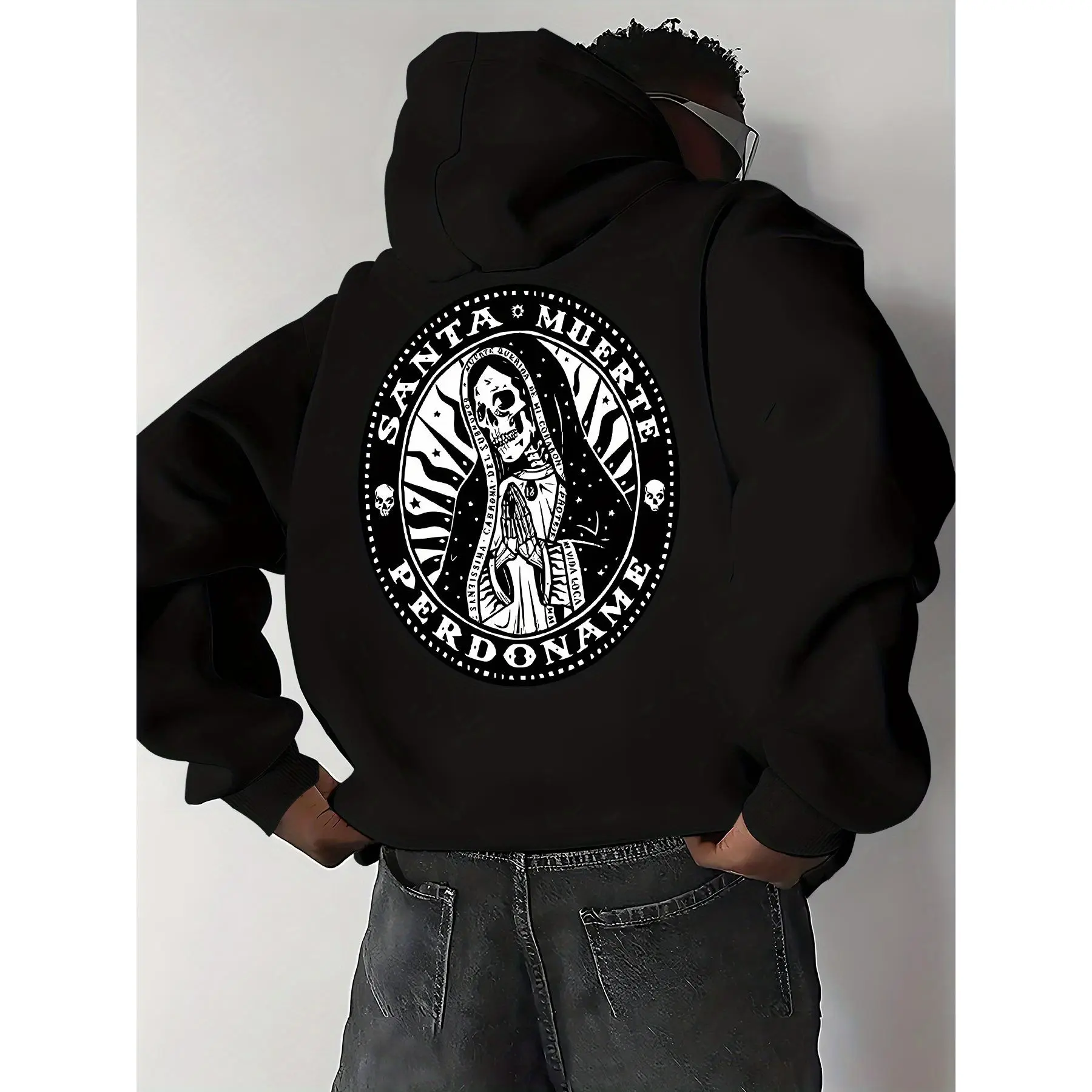 Men's hooded sweatshirt, casual and versatile, featuring a skull and Virgin Mary design, fashionable and trendy hooded sweatshirt for wearing outside or at home, men's casual pullover hooded sweatshirt.