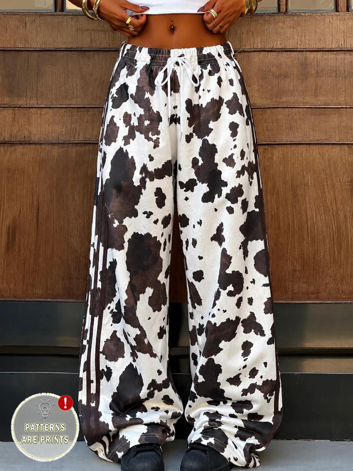 Men's & Women's Cow Print Wide Leg Casual Pants, Elastic Waist Drawstring Loose Fit Home Daily Wear, Unisex Plaid Pattern Trousers