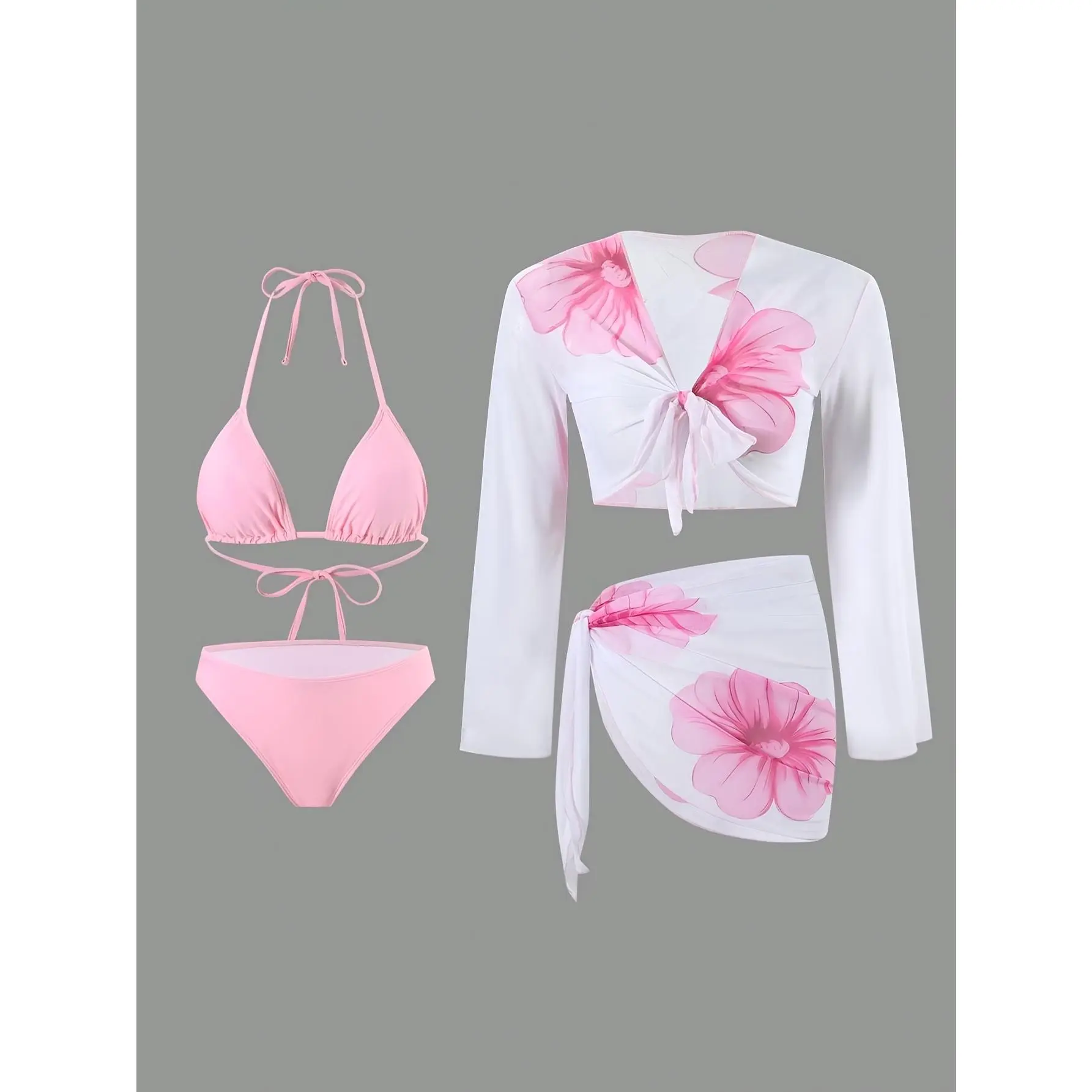 Women's 4-Piece Beachwear Set - Floral Print Tie Swimsuit, Long-Sleeve Beach Cover Up, Triangle Apron, Beach Cover Ups, Beachwear For Women