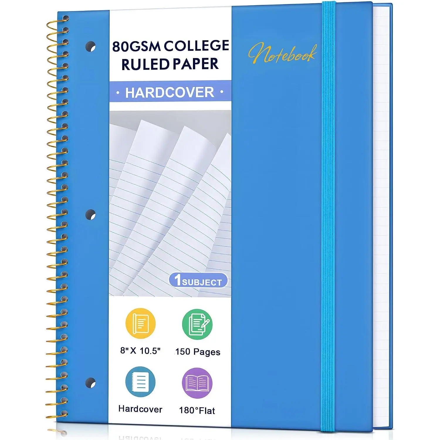 Spiral Notebook College Ruled Paper 8" x 10-1/2", 1 Subject Spiral Notebook 80GSM Paper, 3-Hole Punched Perforated Pages Ideal for School, Office, Writing, 75 Sheets Lined Journaling Notebook, Blue