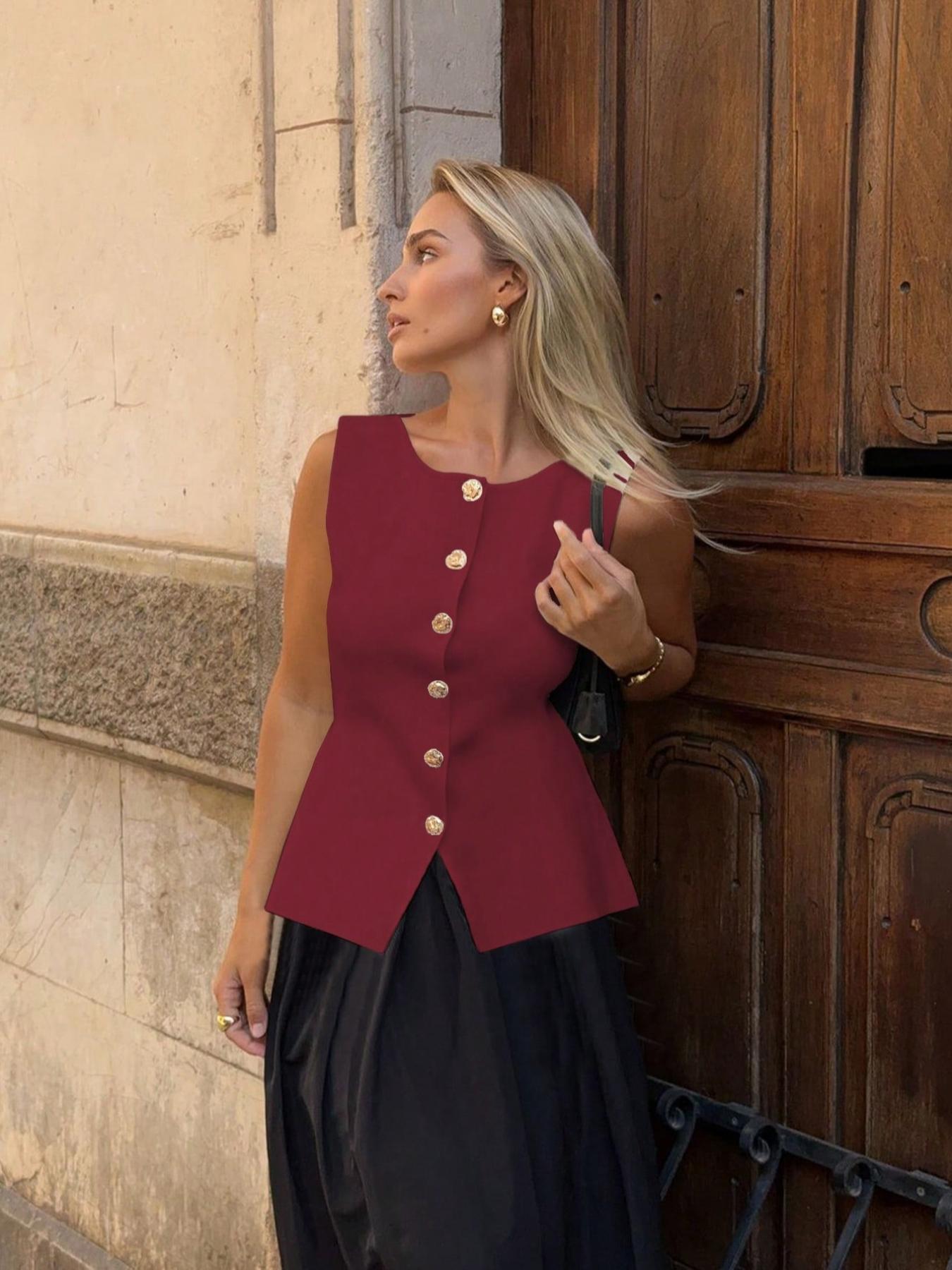 Women's Solid Color Button Front Tank Top, Elegant Sleeveless Top for Summer, Ladies Clothes for Daily Wear, Vests, Workwear