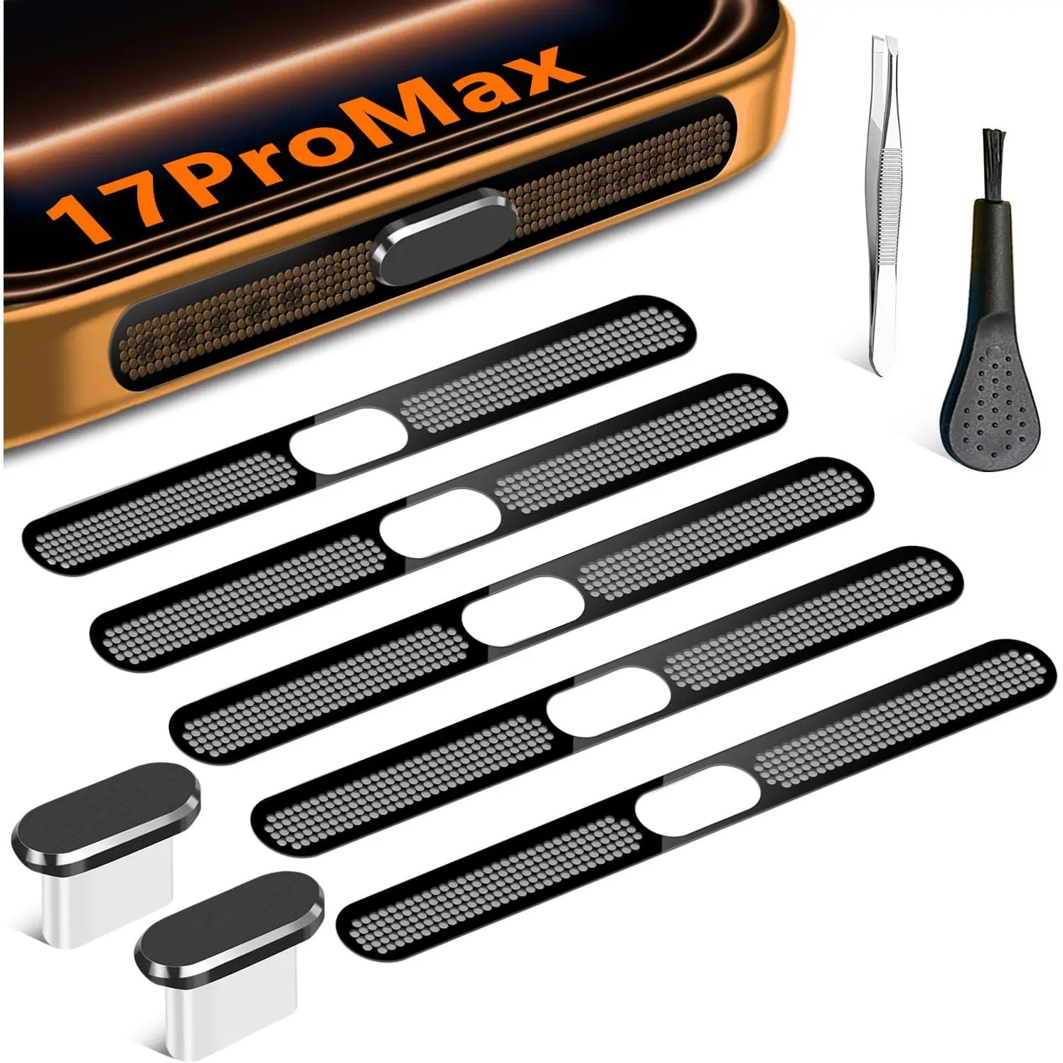 for  17 Pro Max Speaker Cover Anti Dust Proof Adhesive Mesh and USB C Plug Cover - Black
