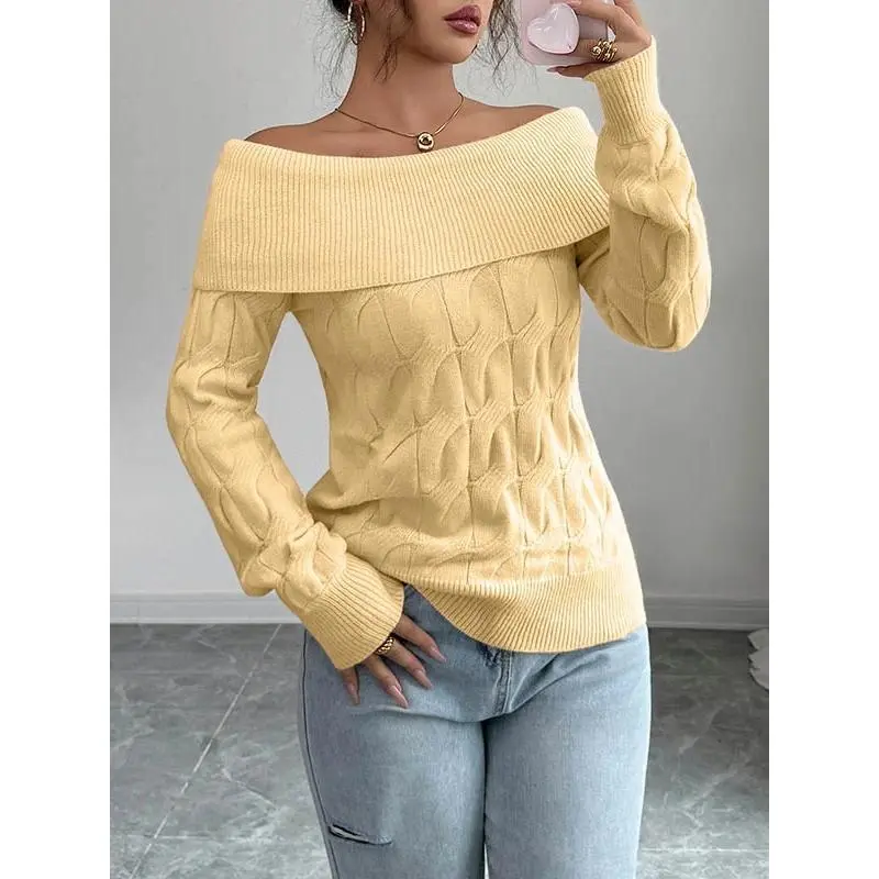 Women Off‑the‑Shoulder Long‑sleeve Pullover Tops, Twisted Textured Slim‑fit Jumper, Solid Color Fold‑over Bardot Neck Blouse, Elegant Casual Long Sleeve Shirt, Chic Party Daily‑match Top For Dating, Vacation And Spring‑autumn Street Outfit For Ladies